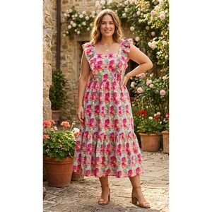 Peyton & Parker Floral Ruffle Strap Tiered Midi Dress Pink Cotton Large